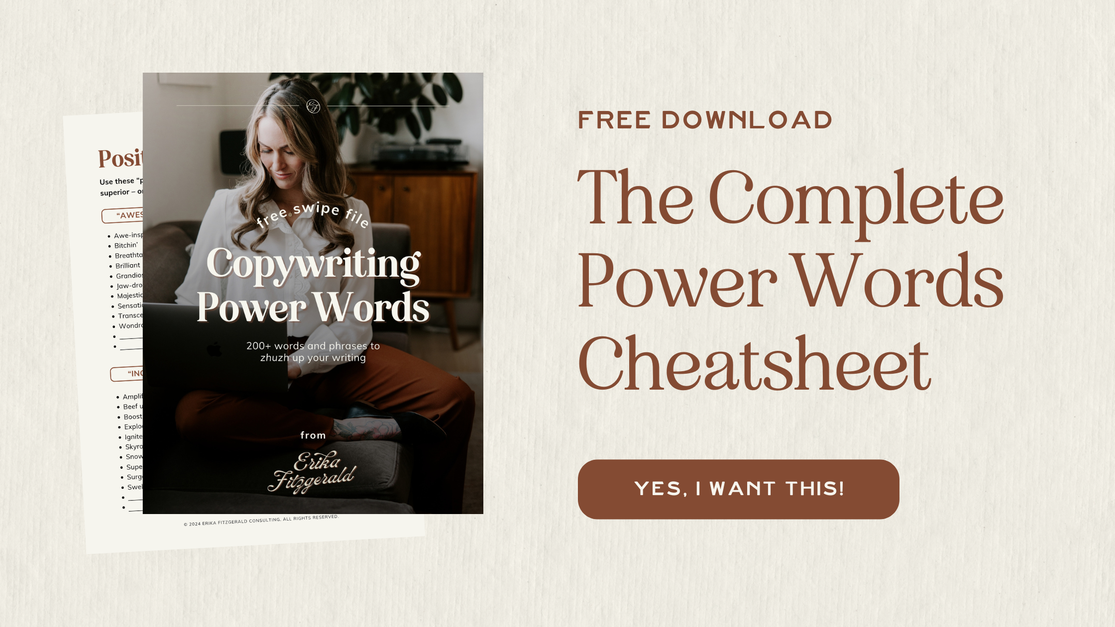 A banner with the title "Free Download: The Complete Power Words Cheatsheet" 