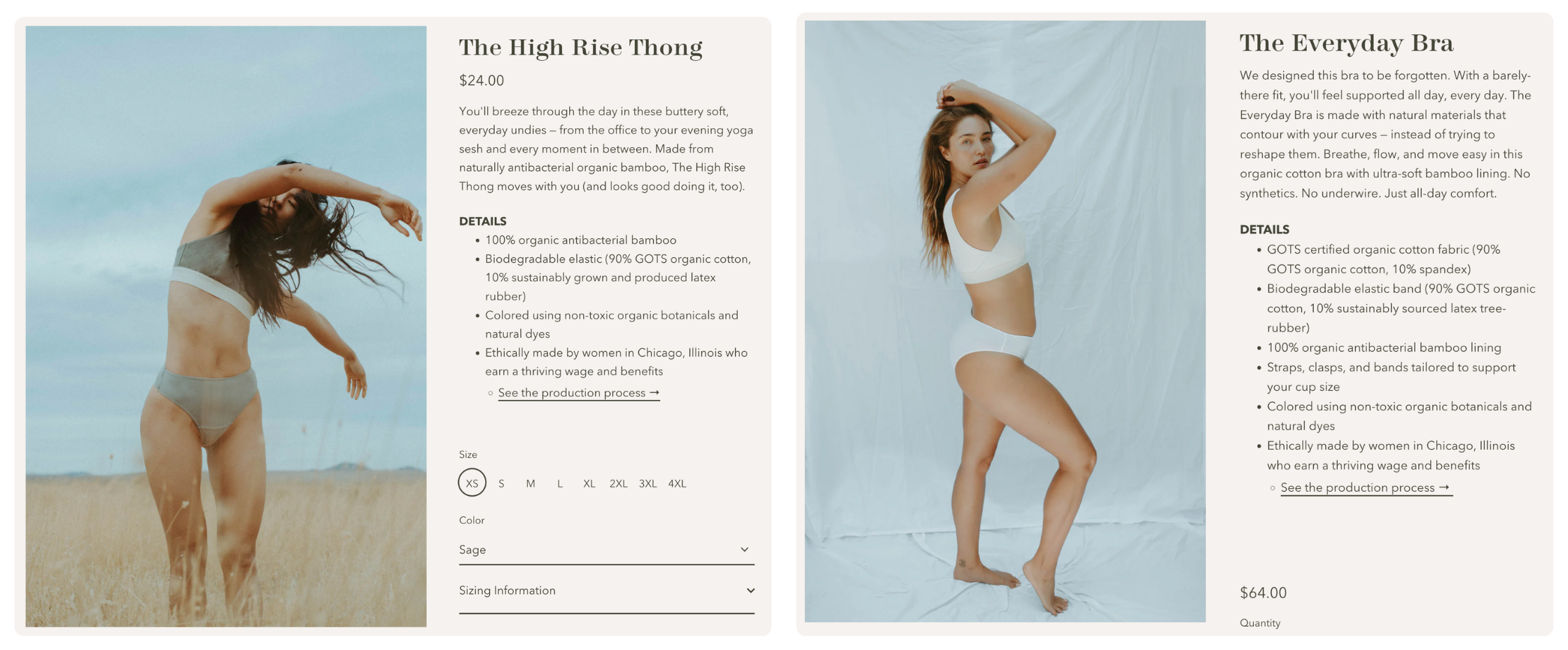 Two product images of women modeling underwear with corresponding ecommerce copywriting 